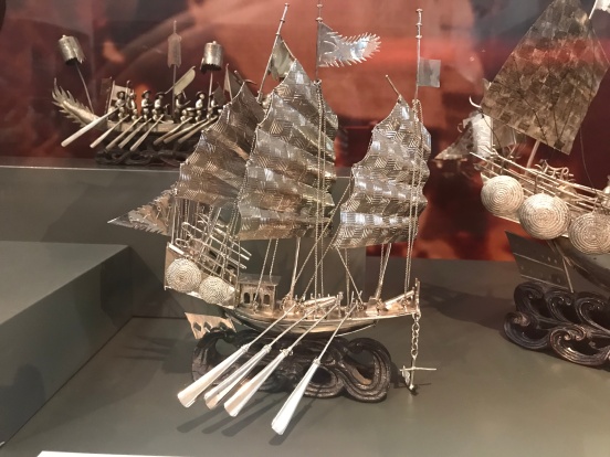 The intricate work on these boats was breathtaking. Silver-plated model of a small police or war junk, early 20th century, Hong Kong Maritime Museum collection.