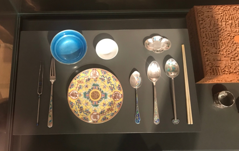 A set of Chinese silver and ceramic tableware, Qing dynasty, on loan from Cheng Xun Tang Collection.
